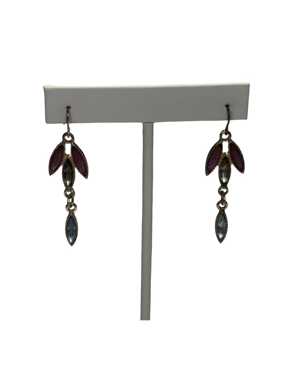 Antiqued Silver Drop Earrings Purple Blue Marquise Rhinestone Dangle